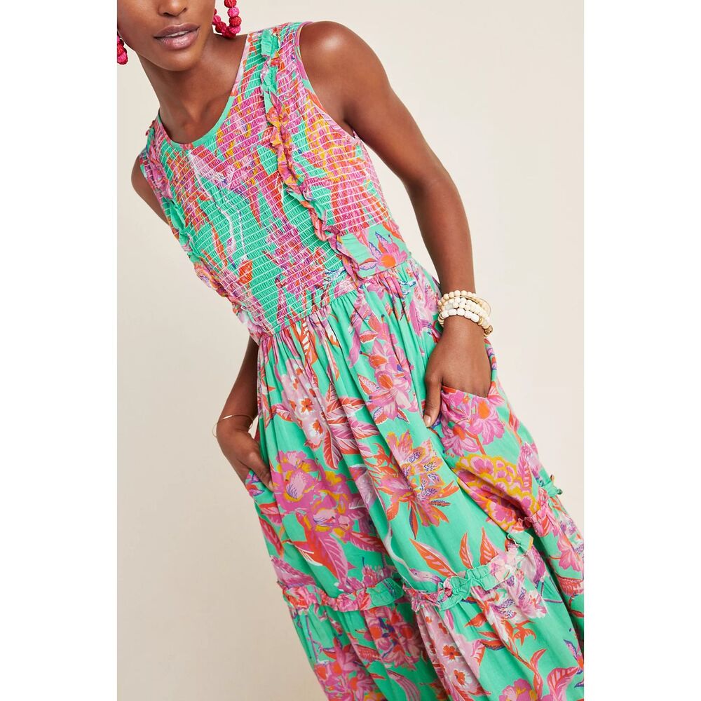 Banjanan Isha Smocked Midi Dress Flamingo Rhododendron Green M